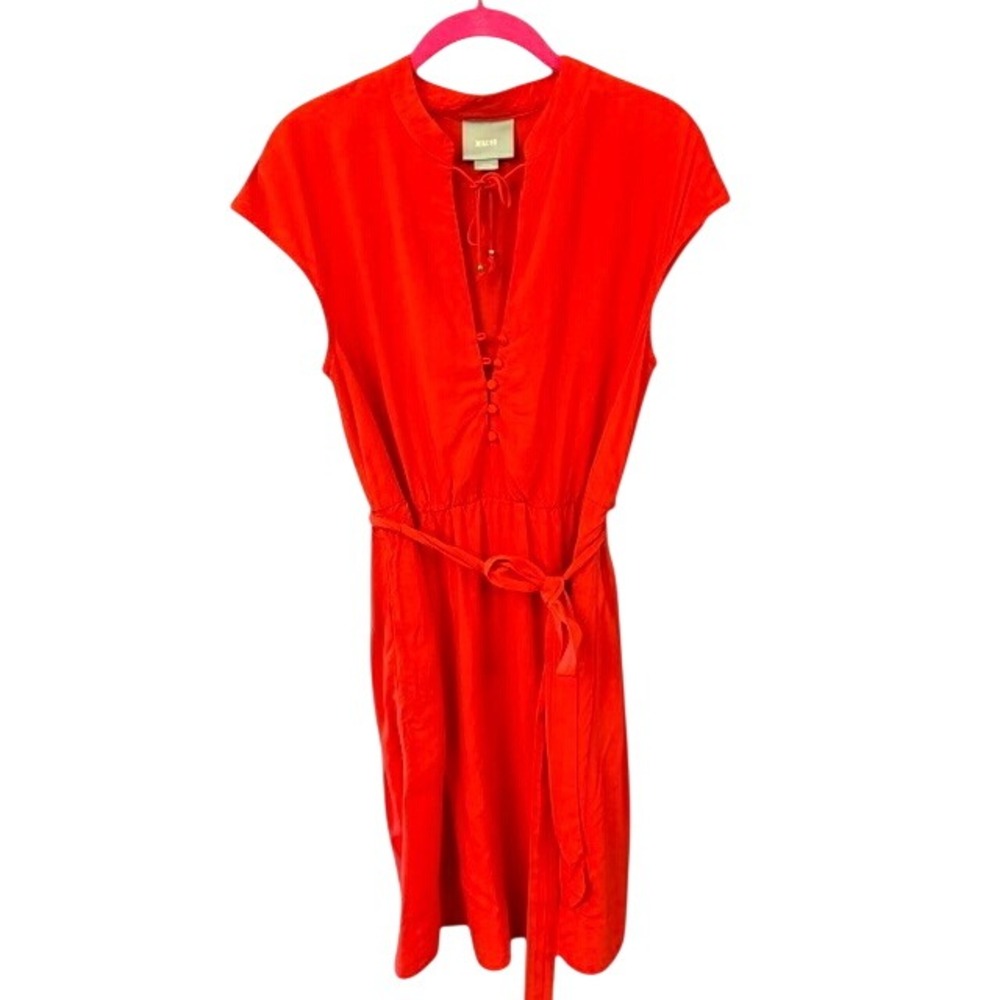 Maeve Mini Dress Womens Small Red Excellent Rayon Sleeveless Tie Neck Belted - Picture 1 of 8